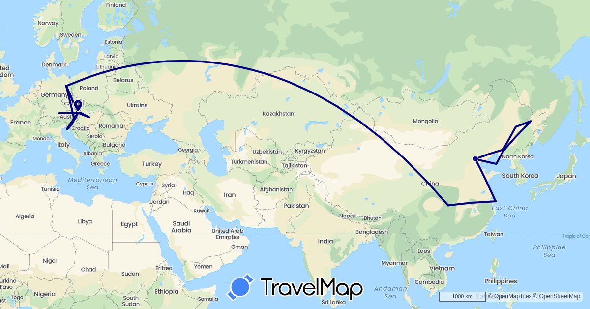 TravelMap itinerary: driving in Austria, China, Germany, Croatia, Hungary, Italy, Slovenia, Slovakia (Asia, Europe)